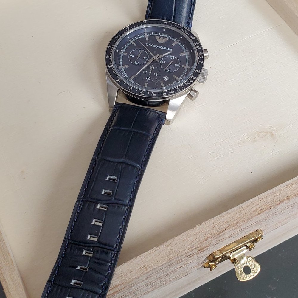 Emporio Armani Armani Navy Chronograph Blue Dial Black Leather Men's Watch AR60 - Picture 4 of 5